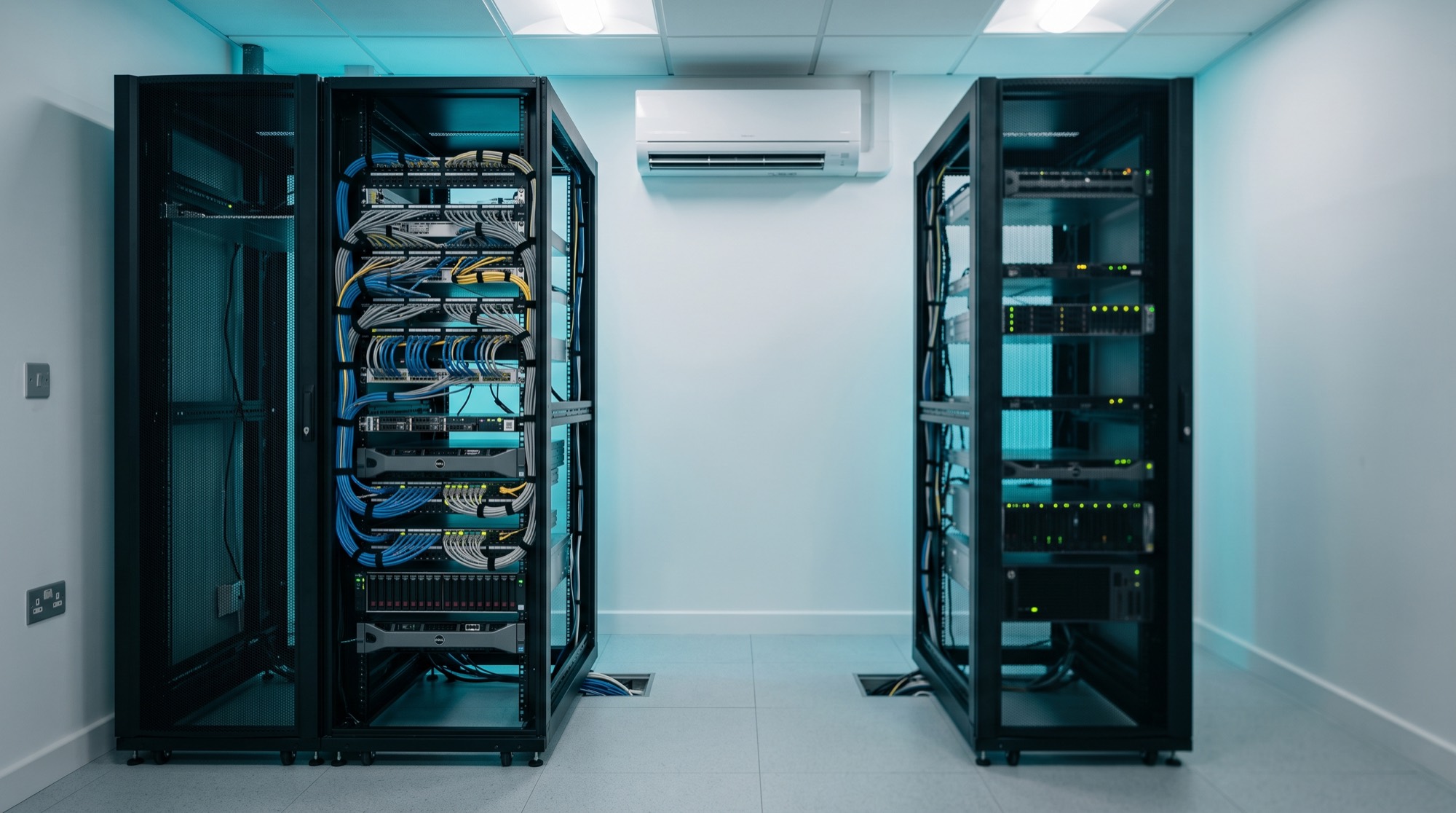 A tidy comms room with two equipment racks and a wall-mounted cooling unit above
